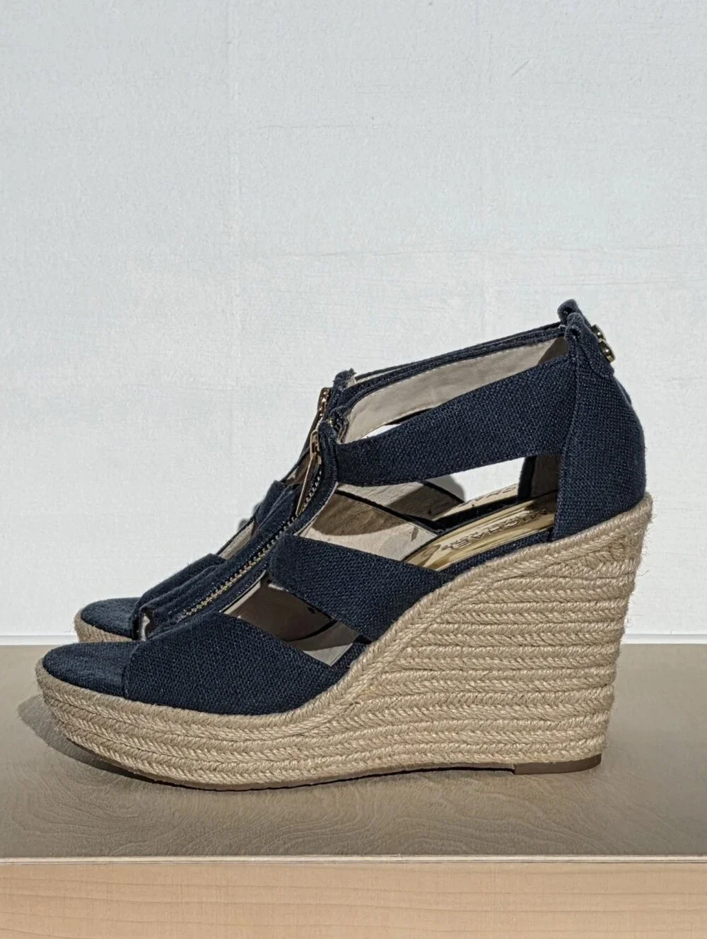 Michael Kors Size 7.5 Navy Fabric Espadrille Wedge Sandals